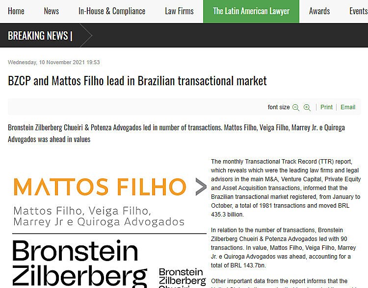 BZCP and Mattos Filho lead in Brazilian transactional market